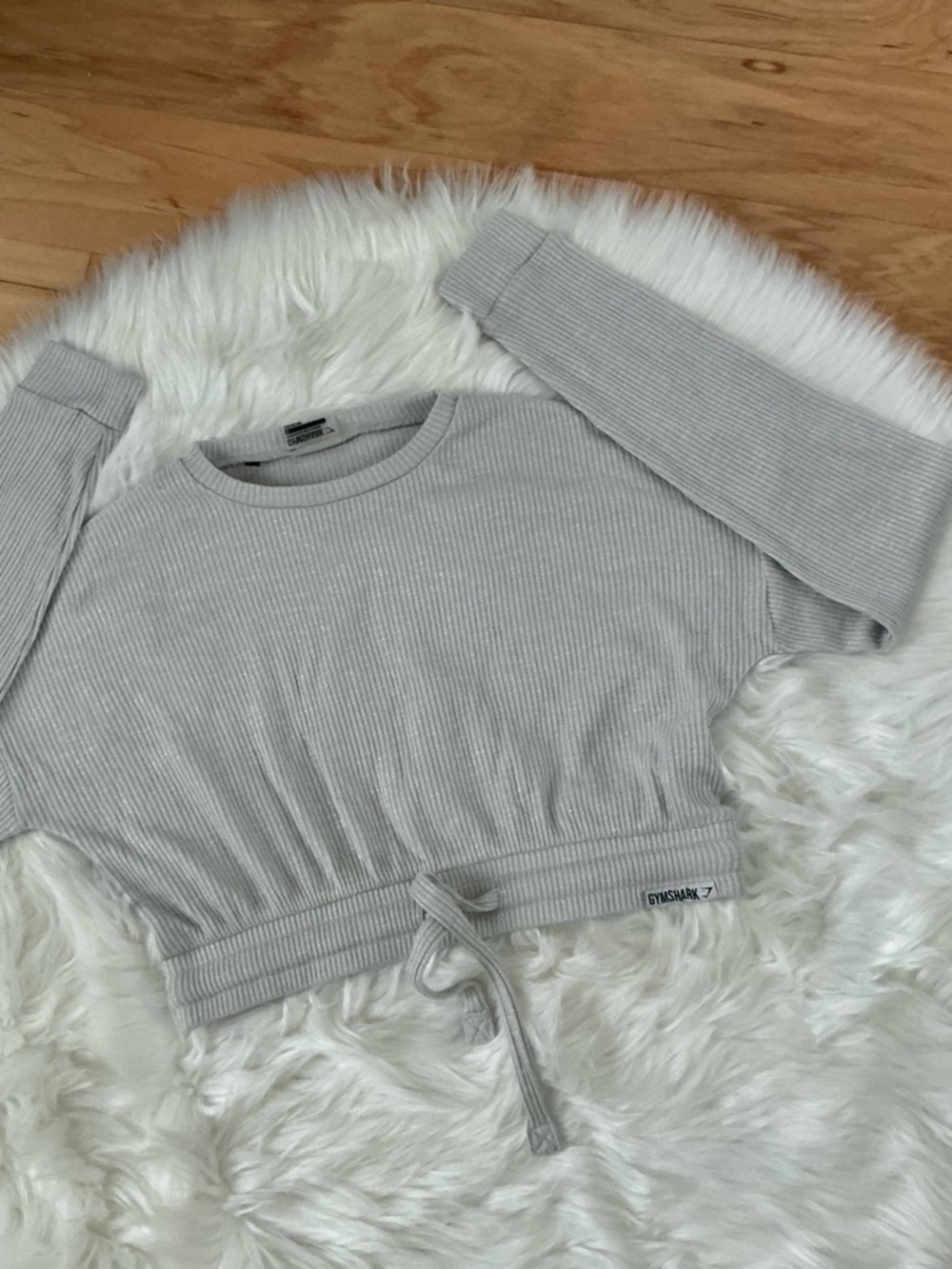 Gymshark Light Gray Ribbed Long Sleeve Cropped Top with Drawstring Size Small